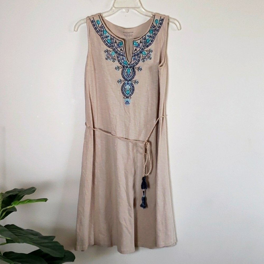 Charter club beaded boho dress, neutral, turquoise detail, women's size medium.